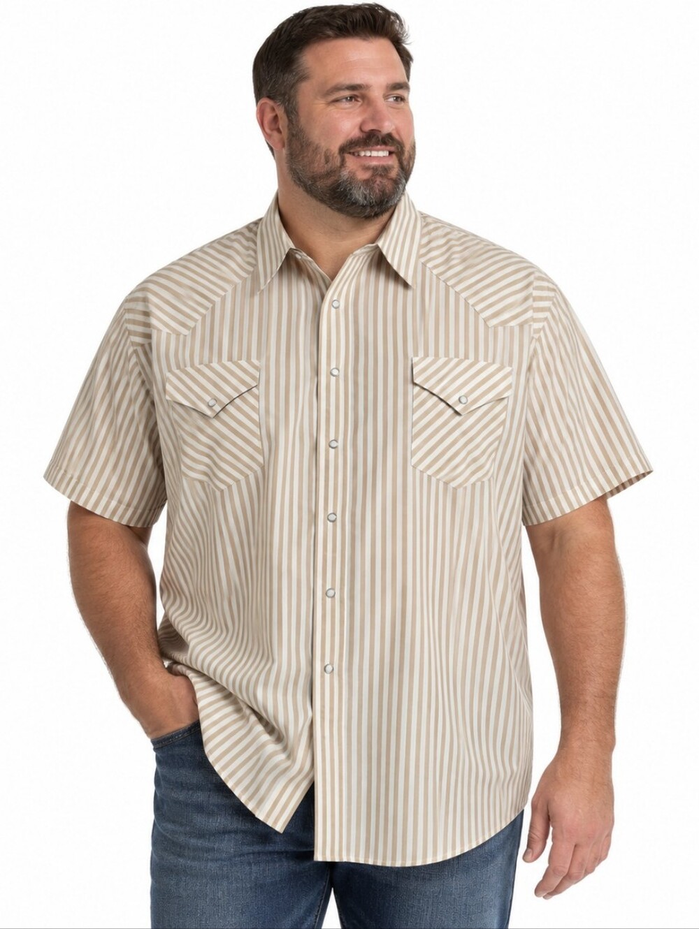 Ruddock Western Shirt 19.5 Tall Tan White Stripe Pearl Snap USA